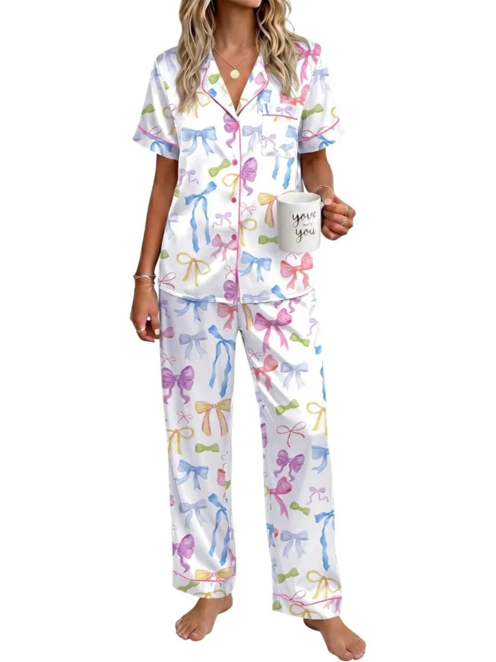 Women's Colorful Polyester Short Sleeve Button Down Loungewear Satin Pajama Set